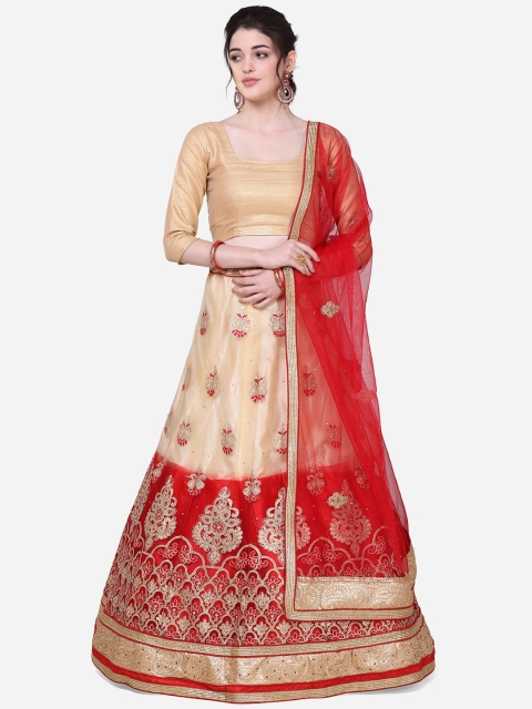 

Mitera Women Red & Gold-Coloured Embroidered Semi-Stitched Lehenga & Unstitched Blouse With Dupatta