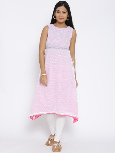 

BIBA White & Pink Embroidered A-Line Kurta