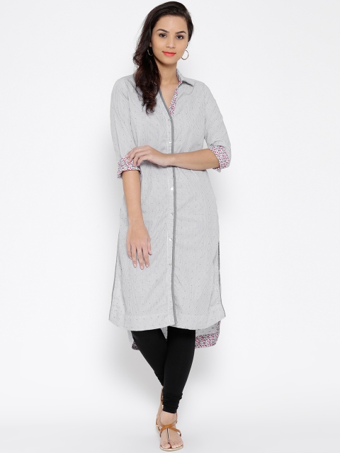 

BIBA White & Black Striped High-Low Kurta