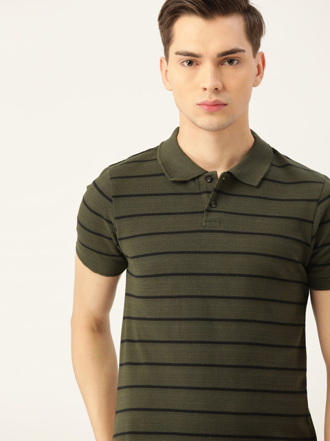 

INVICTUS Men Olive & Black Pure Cotton Striped Polo Collar T-shirt