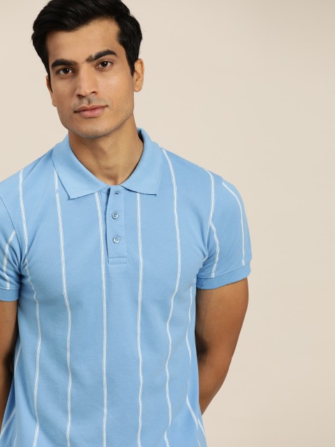 

INVICTUS Men Blue & White Striped Pure Cotton Polo Collar Sports T-shirt