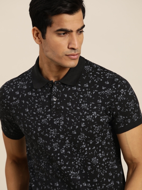 

INVICTUS Men Black Grey Floral Printed Polo Collar Sports Pure Cotton T-shirt