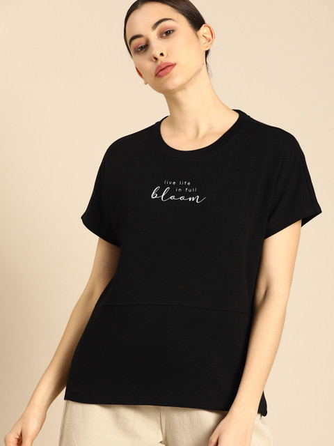 

ether Women Black Printed Round Neck T-shirt