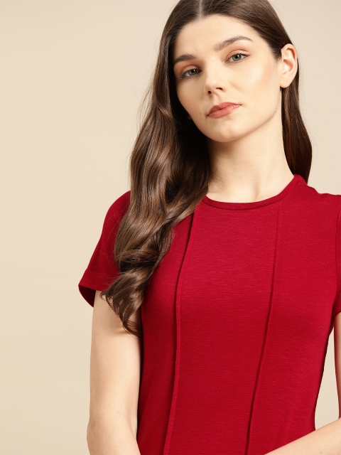 

ether Women Red Solid Pure Cotton Round Neck T-shirt