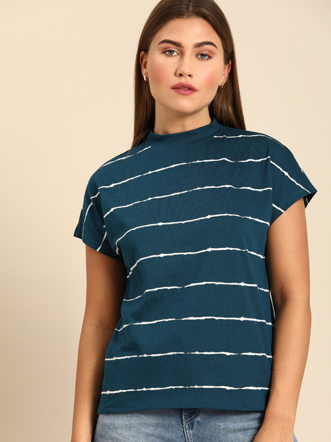 

ether Women Blue & White Striped High Neck Pure Cotton T-shirt