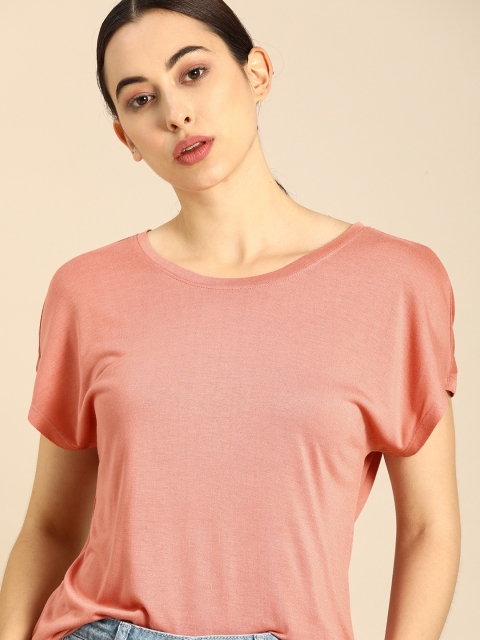 

ether Women Pink Solid Round Neck Pure Cotton T-shirt