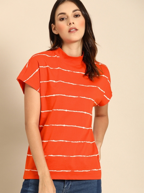 

ether Women Red Striped High Neck Pure Cotton T-shirt