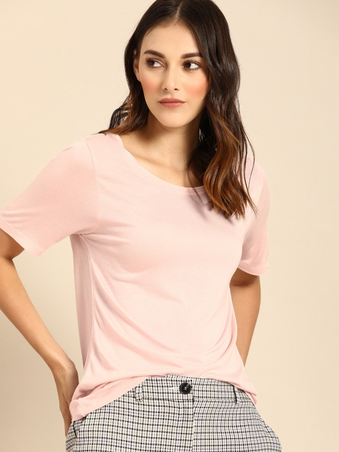 

ether Women Pink Solid Round Neck T-shirt