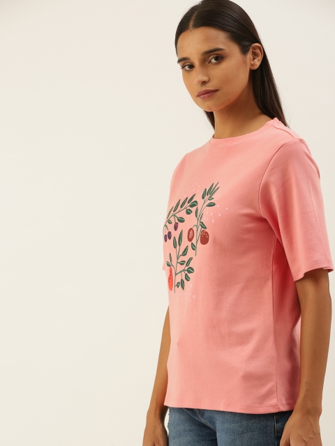 

ether Women Peach Coloured & Navy Blue Floral Print T-shirt