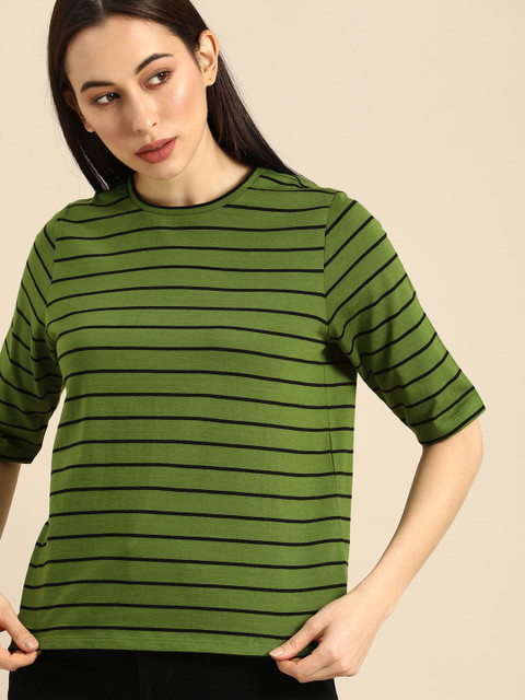 

ether Women Olive Green Black Striped Round Neck Pure Cotton T-shirt