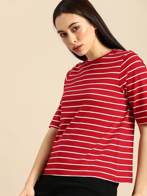 

ether Women Red White Striped Round Neck Pure Cotton T-shirt