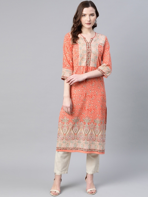 

Rain & Rainbow Women Peach-Coloured & Beige Pure Cotton Printed Straight Kurta