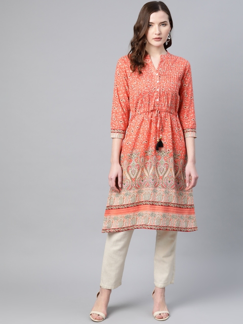 

Rain & Rainbow Women Peach-Coloured & Beige Pure Cotton Printed A-Line Tunic