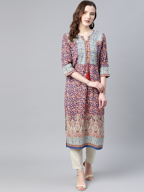 

Rain & Rainbow Women Blue & Peach-Coloured Pure Cotton Printed Straight Kurta