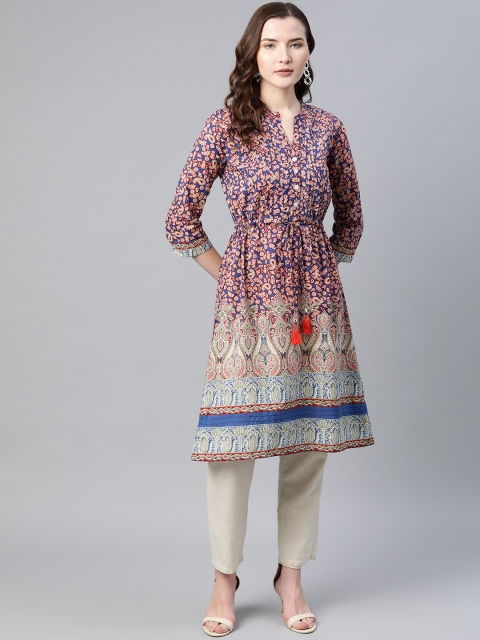 

Rain & Rainbow Women Blue & Peach-Coloured Pure Cotton Printed A-Line Tunic