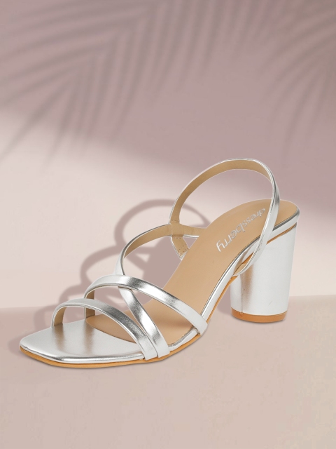 

DressBerry Women Silver-Toned Block Heels with Glossy Finish & Cross Detail