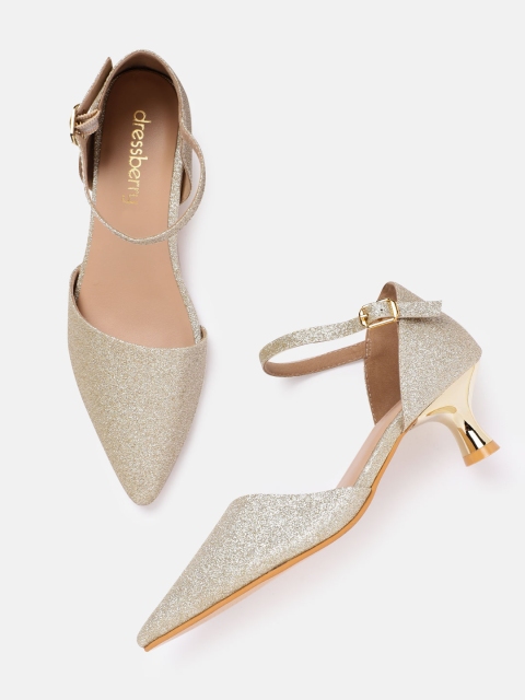 

DressBerry Gold-Toned Glitter Party Kitten Heel Pumps