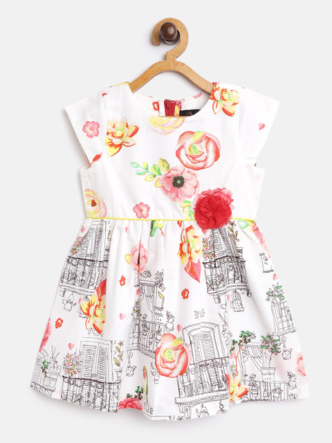 

pspeaches Girls White & Red Floral & Quirky Print Pure Cotton A-Line Dress with Applique