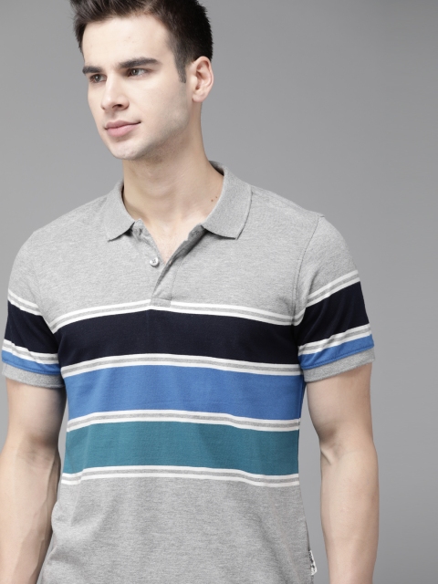 

Roadster Men Grey Melange & Blue Striped Polo Collar T-shirt