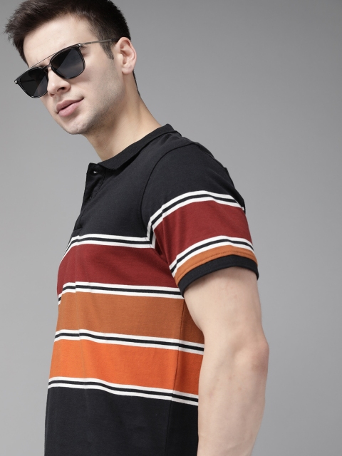 

The Roadster Lifestyle Co Men Black & Maroon Pure Cotton Striped Polo Collar T-shirt