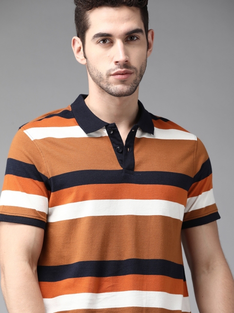 

The Roadster Lifestyle Co Men Rust Brown Orange Pure Cotton Striped Polo Collar Pure Cotton T-shirt