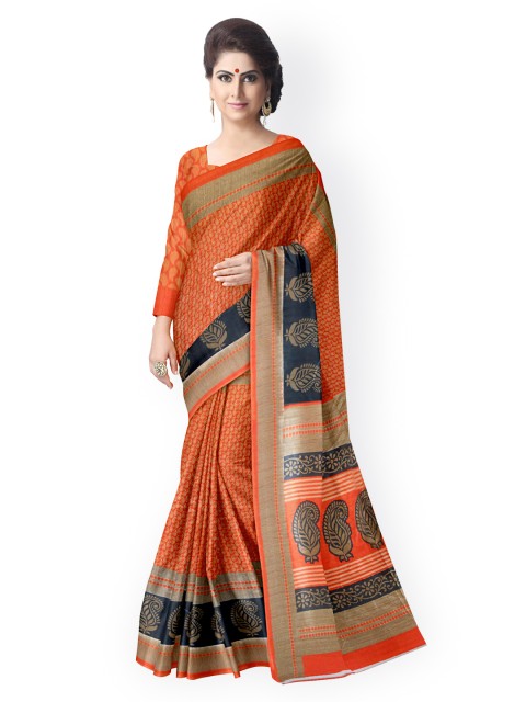 

Suvastram Orange Bhagalpuri Art Silk Paisley Print Saree