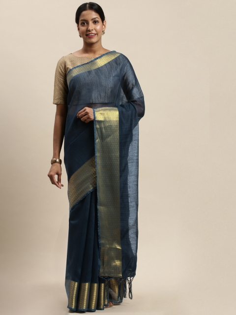 

Nanda Silk Mills Navy Blue Solid Silk Cotton Saree