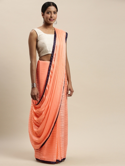 

Nanda Silk Mills Peach-Coloured Striped Satin Saree
