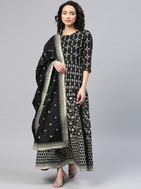 

Ahalyaa Women Black & Golden Foil Ethnic Motifs Printed Floral Kurta With Dupatta