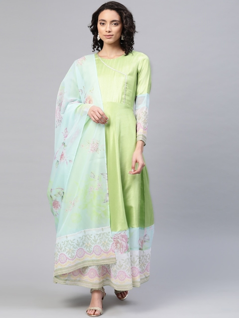 

Ahalyaa Women Lime Green & Blue Solid Angrakha Kurta With Screen Printed Dupatta