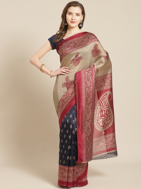 

Kalista Beige & Navy Blue Printed Half & Half Saree