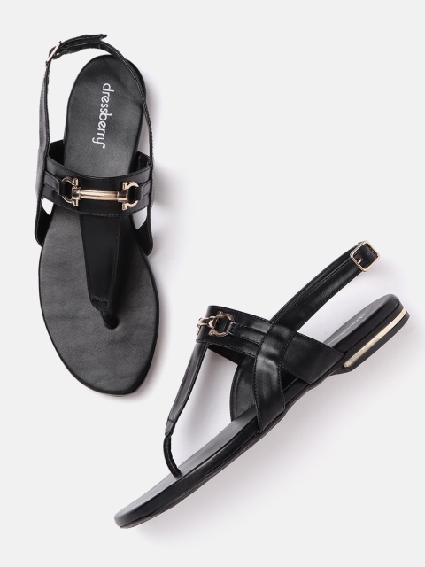 

DressBerry Women Black Solid T-Strap Flats