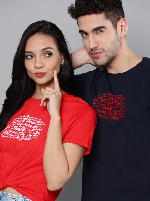 

Mast Harbour Women Red Printed Round Neck Front Knot Crop Pure Cotton T-shirt