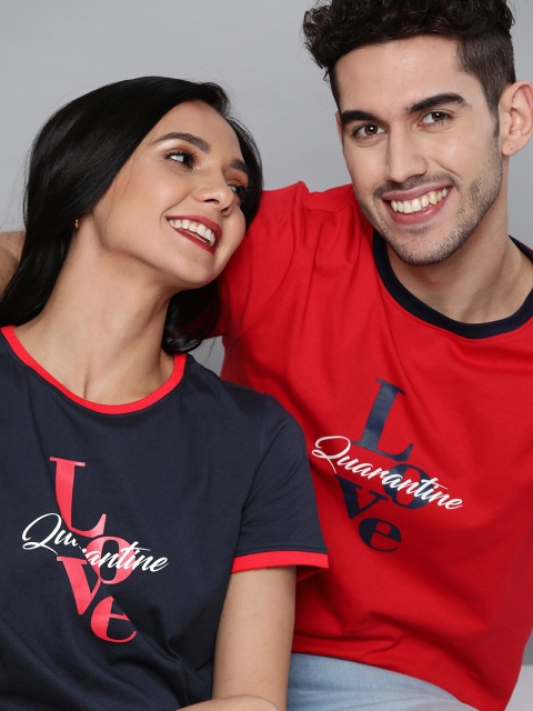 

Mast Harbour Women Navy Blue Red Printed Printed Pure Cotton T-shirt