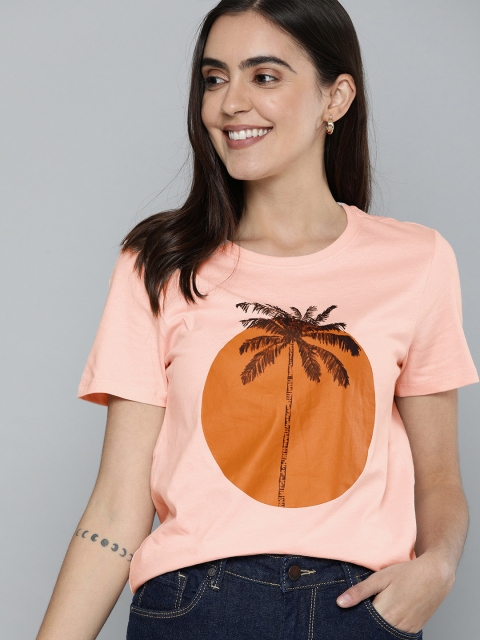 

Mast Harbour Women Peach-Coloured Printed Round Neck Pure Cotton T-shirt