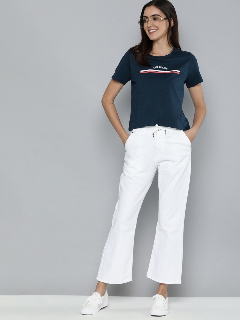 

Mast Harbour Women Navy Blue White Striped Round Neck Pure Cotton T-shirt