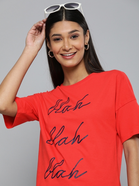 

Mast Harbour Women Red Printed Round Neck Pure Cotton T-shirt