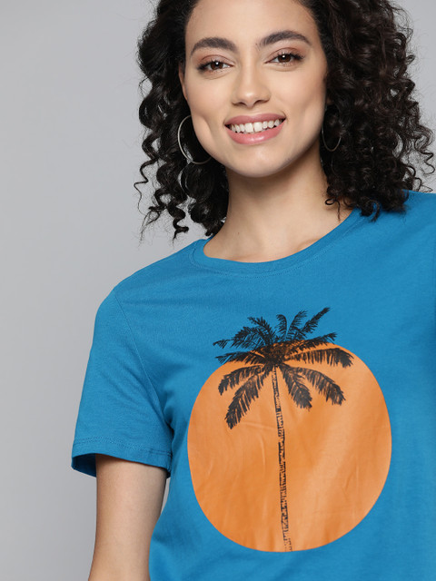 

Mast & Harbour Women Blue Printed Pure Cotton Round Neck T-shirt