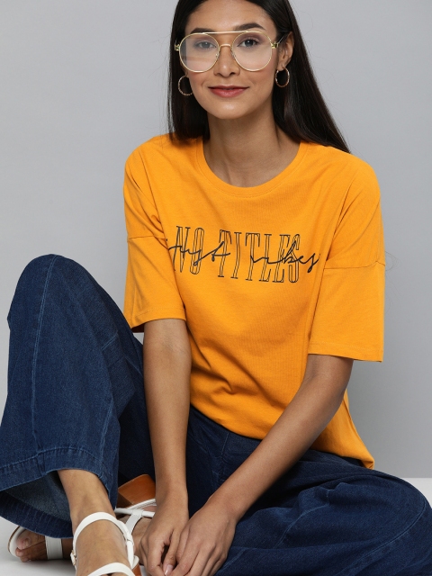 

Mast Harbour Women Mustard Yellow Printed Round Neck Pure Cotton T-shirt