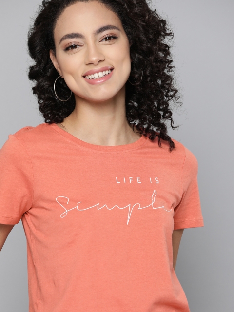 

Mast & Harbour Women Peach-Coloured Pure Cotton Round Neck T-shirt