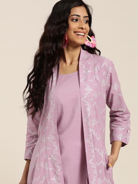 

Sangria Women Lavender & Silver Solid Sleeveless A-Line Kurta with Printed jacket