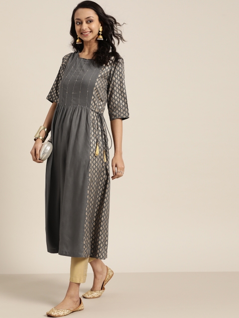 

Sangria Women Grey & Gold Printed A-Line Kurta