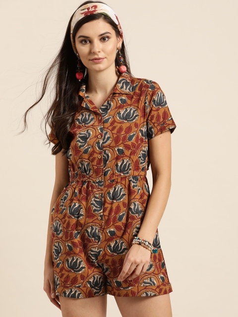 

Sangria Women Mustard Brown & Maroon Pure Cotton Printed Playsuit