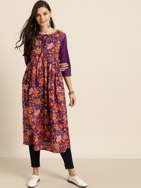 

Sangria Women Purple & Orange Ethnic Motifs Pure Cotton A-Line Kurta