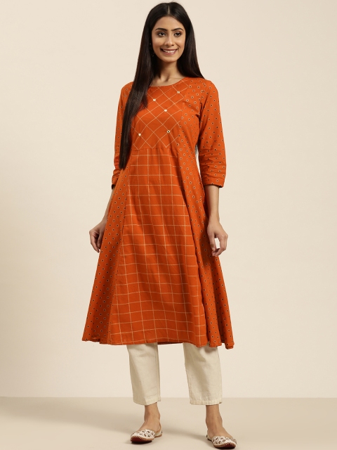 

Sangria Women Rust Orange & Godlen Checked A-Line Kurta