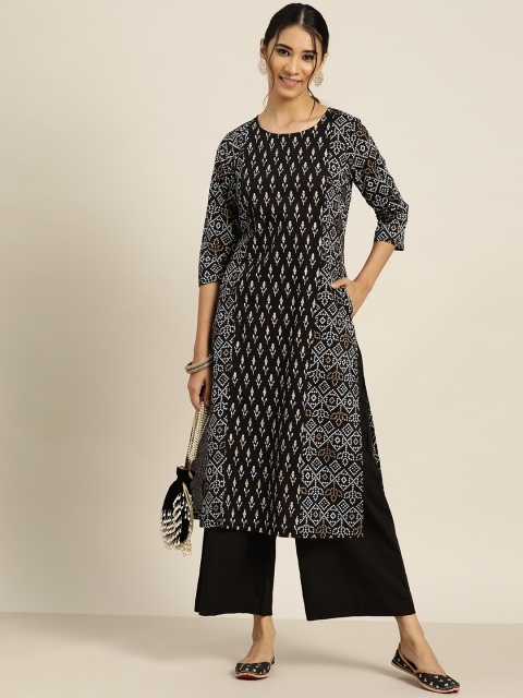 

Sangria Women Black & Gold-Toned Bandhani & Ikat Print Cotton Straight Kurta