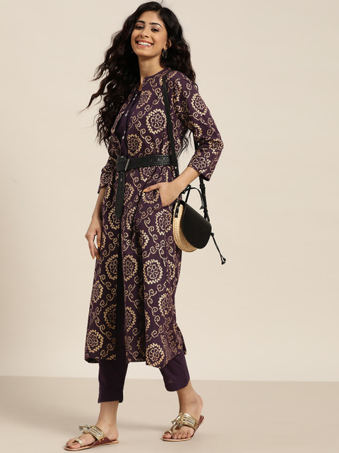 

Sangria Purple & Golden Cotton Solid Kurta with Trousers & Longline Ethnic Jacket