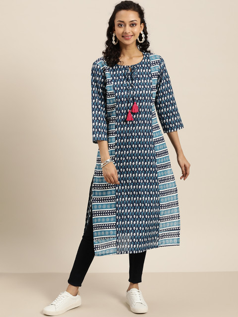 

Sangria Women Navy Blue & White Ethnic Motifs Printed Pure Cotton Straight Kurta