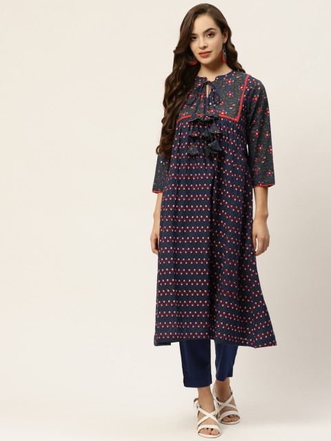 

Sangria Women Navy Blue & Red Ethnic Motifs Printed A-Line Pure Cotton Kurta Set