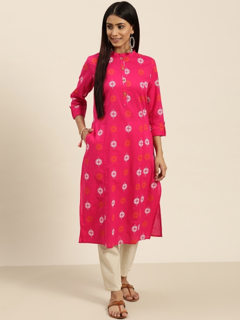

Sangria Women Pink & White Ethnic Motifs Printed Straight Kurta